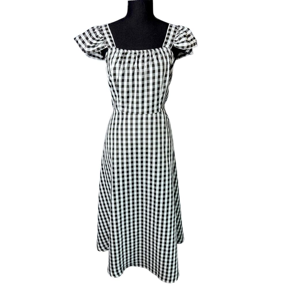 Womens Checkered Gingham Midi Dress Sz L Cottagecore Ruffle Picnic Prairie Plaid